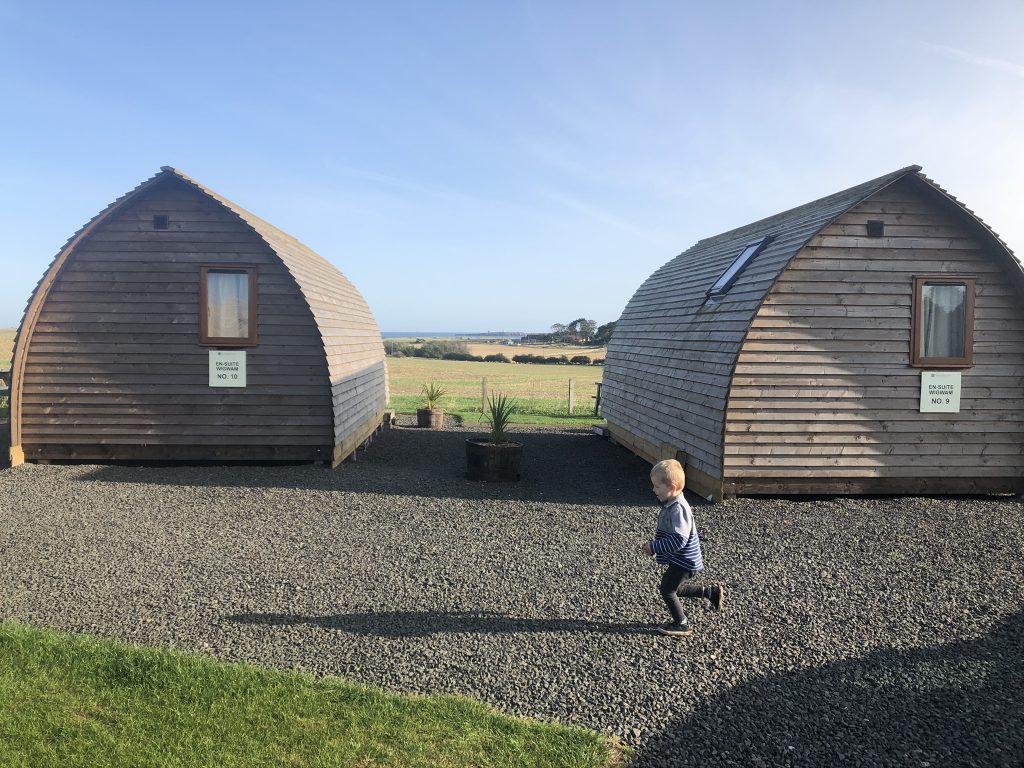 view from the wigwams across the fields to the sea