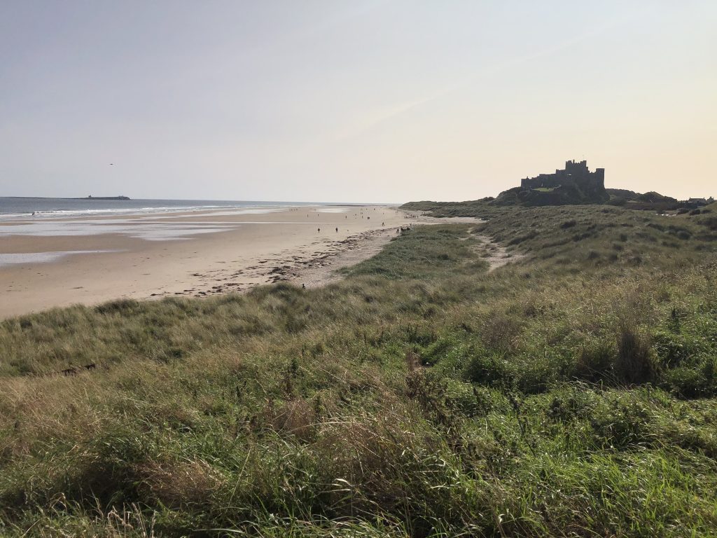 bamburgh castle overlooking the beach